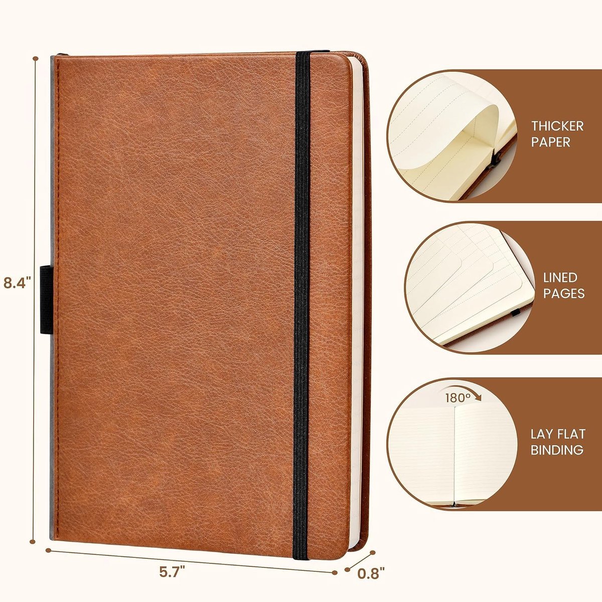 Indeme A5 Notitieboek - Klassiek notitieboek A5 met imitatieleeren kaft, gevoerd, dik dagboek met 192 pagina's, bruin - ShopVlot