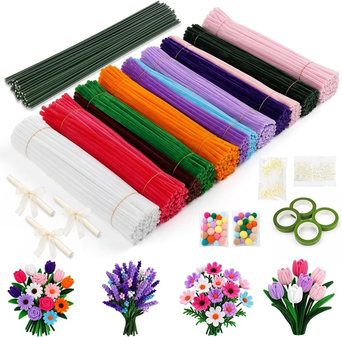 Pipe cleaners - 900 Stuks - Multicolor - Flexibele Pijpenragers met Bloemdraad en Accessoires - Voor Knutselen en Bloemdecoratie
