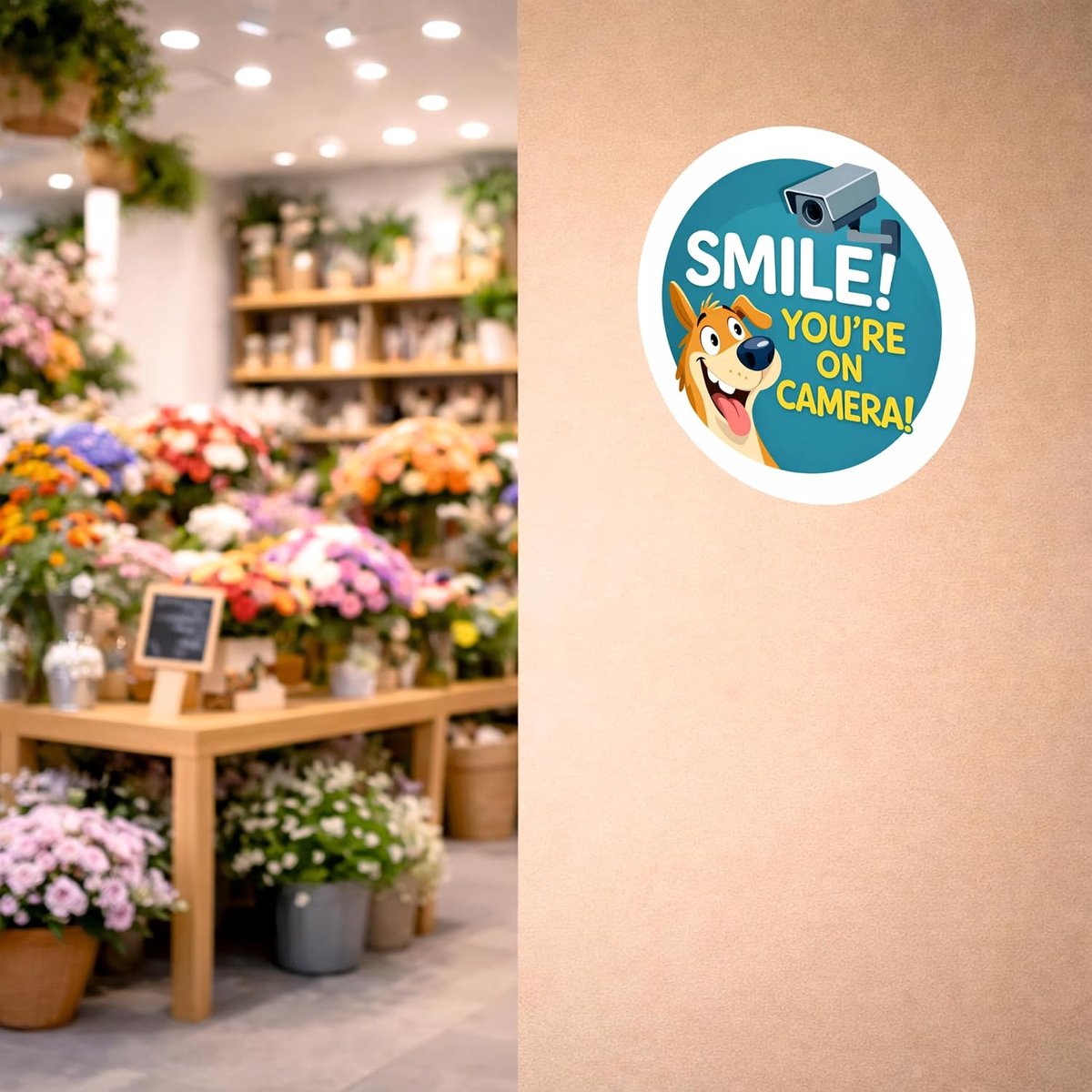 Waarschuwingsstickers - bewakingscamera - Smile. You're on camera (hond) - 3 ronde stickers - 10 cm - ShopVlot