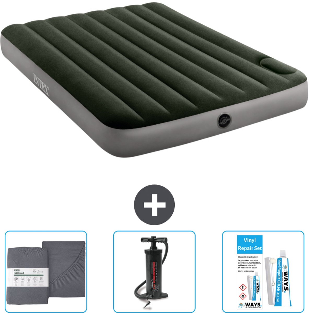 Intex Luchtbed - Twijfelaar - 137 x 191 x 25 cm - Groen - Hoeslaken - Pomp en Reparatieset