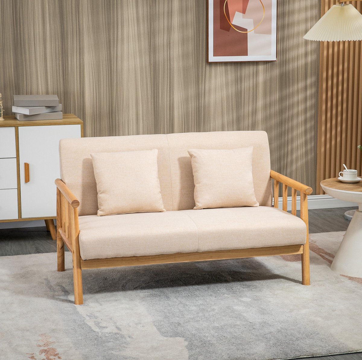 MODENUIT Bank - 2-Zits - Houtframe En Linnenlook - Voor Woonkamer En Slaapkamer - Polyester - Beige