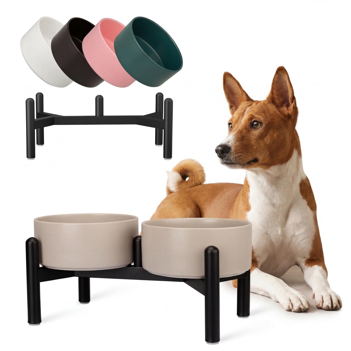 Famanu – Verhoogde hondenvoerbak set, dubbele keramische voerbakken met roestvrijstalen standaard, ideaal voor kleine en middelgrote honden, 660 ml x 2, wit