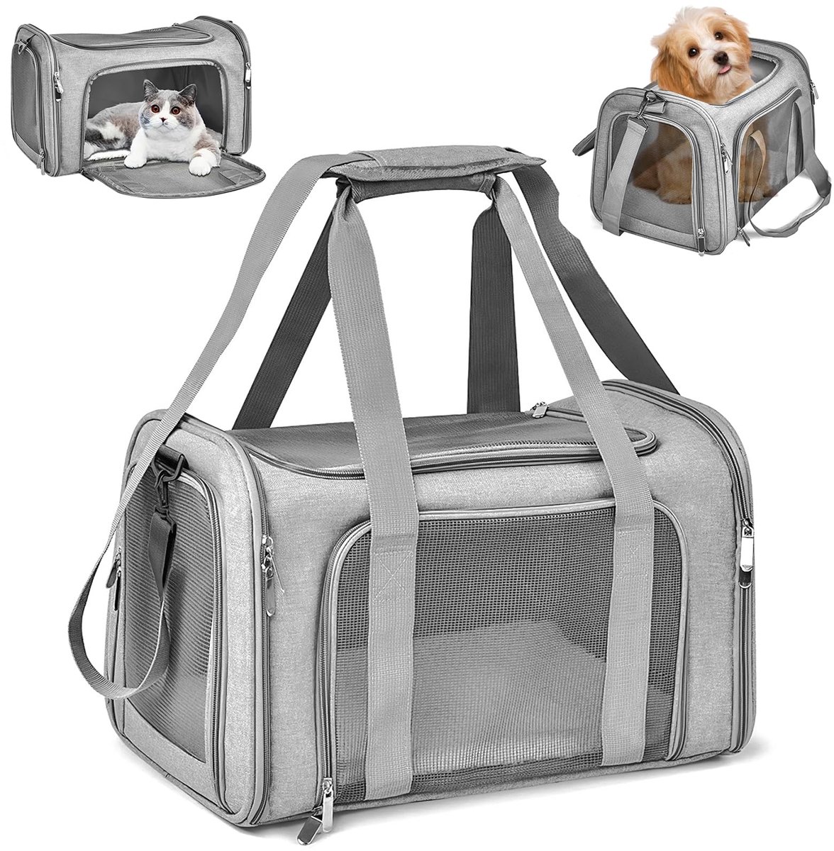 Famanu – Kattentransporttas voor huisdieren, opvouwbare en ademende kattendraagtas, 45x30x30 cm, 7 kg capaciteit, ideaal voor katten en middelgrote honden, voor auto en treinreizen, grijs