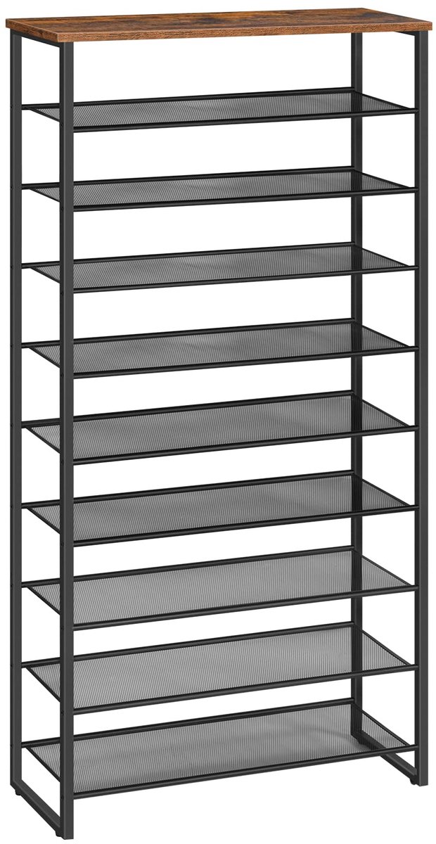 Famanu – Schoenenrek met 10 niveaus, smal schoenenkast, schoenorganisator voor 32-40 paar schoenen, metaal, voor hal en woonkamer, vintage bruin-zwart