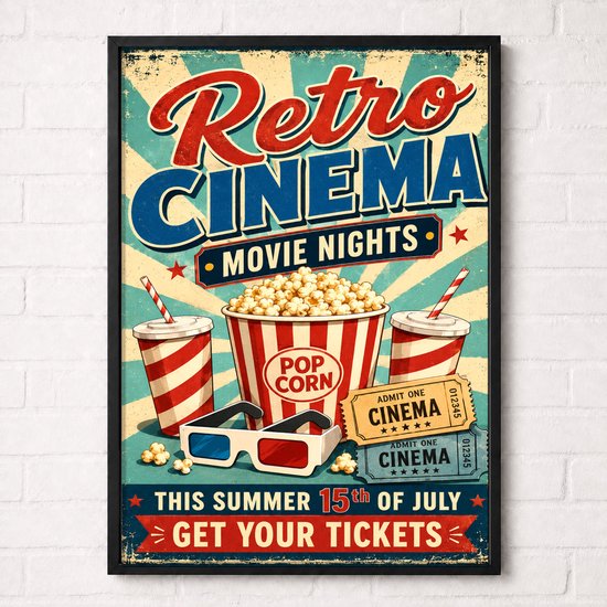 Ingelijste retro filmaffiche met popcorn, 3D-bril en bioscoopkaartjes. "Retro Cinema Movie Nights".
