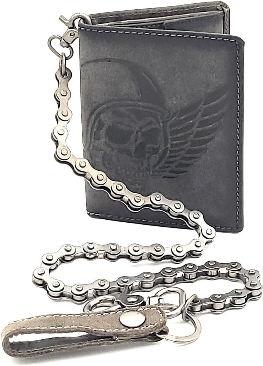 Biker Wallet with Chain, Natural Leather with RFID Protection, Skull Grey, with Bicycle Chain High, Medium - ShopVlot
