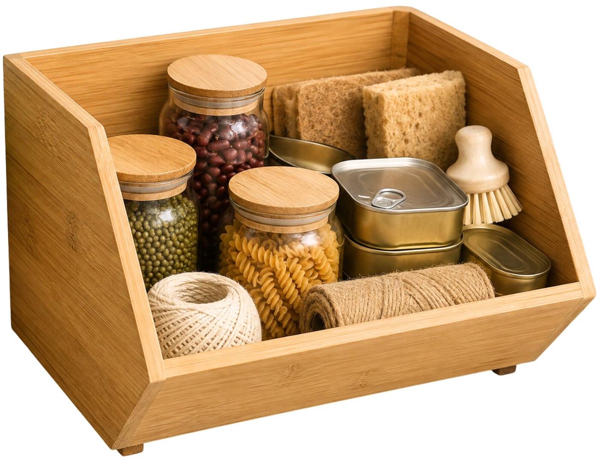 5Five Stapelbare opbergmand 1 vaks organizer - 2x - L18 x B15.5 x H12 cm - bamboe hout - lichtbruin