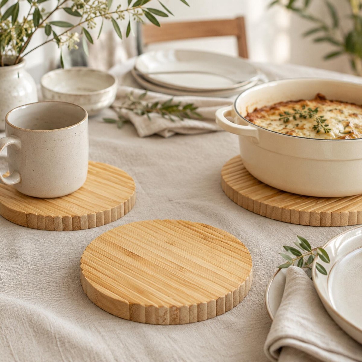 Secret de Gourmet pannen onderzetter - 4x - D18 x H2 cm - bamboe hout - extra dikke schijven - rond - Pannenonderzetter