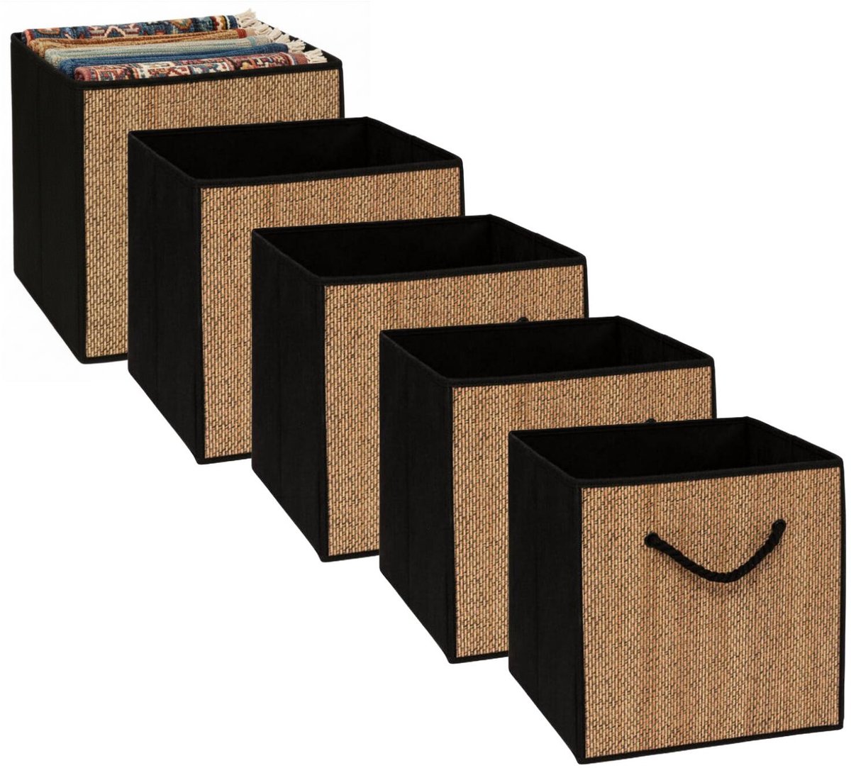 5Five opbergmand kastmand - 5x - jute/karton - beige/zwart - 31 x 31 x 31 cm - hengsel touw - Vakkenkast manden