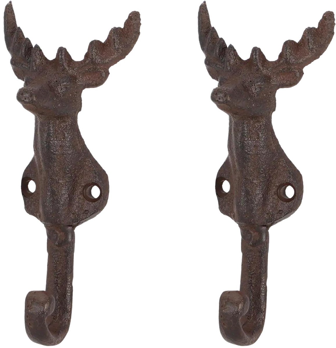 Esschert Design Muurhaak Hert - 2x - gietijzer - wandhaak - hertenkop - 13,7 cm