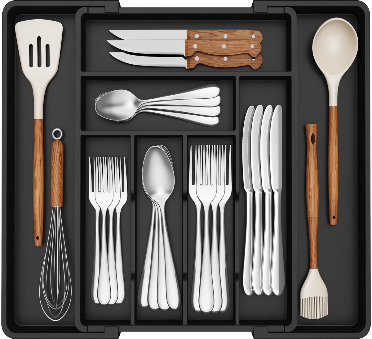 Famanu – Verstelbare bestekbak, 33-57 cm breed, lade organizer voor lepels en vorken, kunststof houder, 42,4 cm diep, kleur zwart