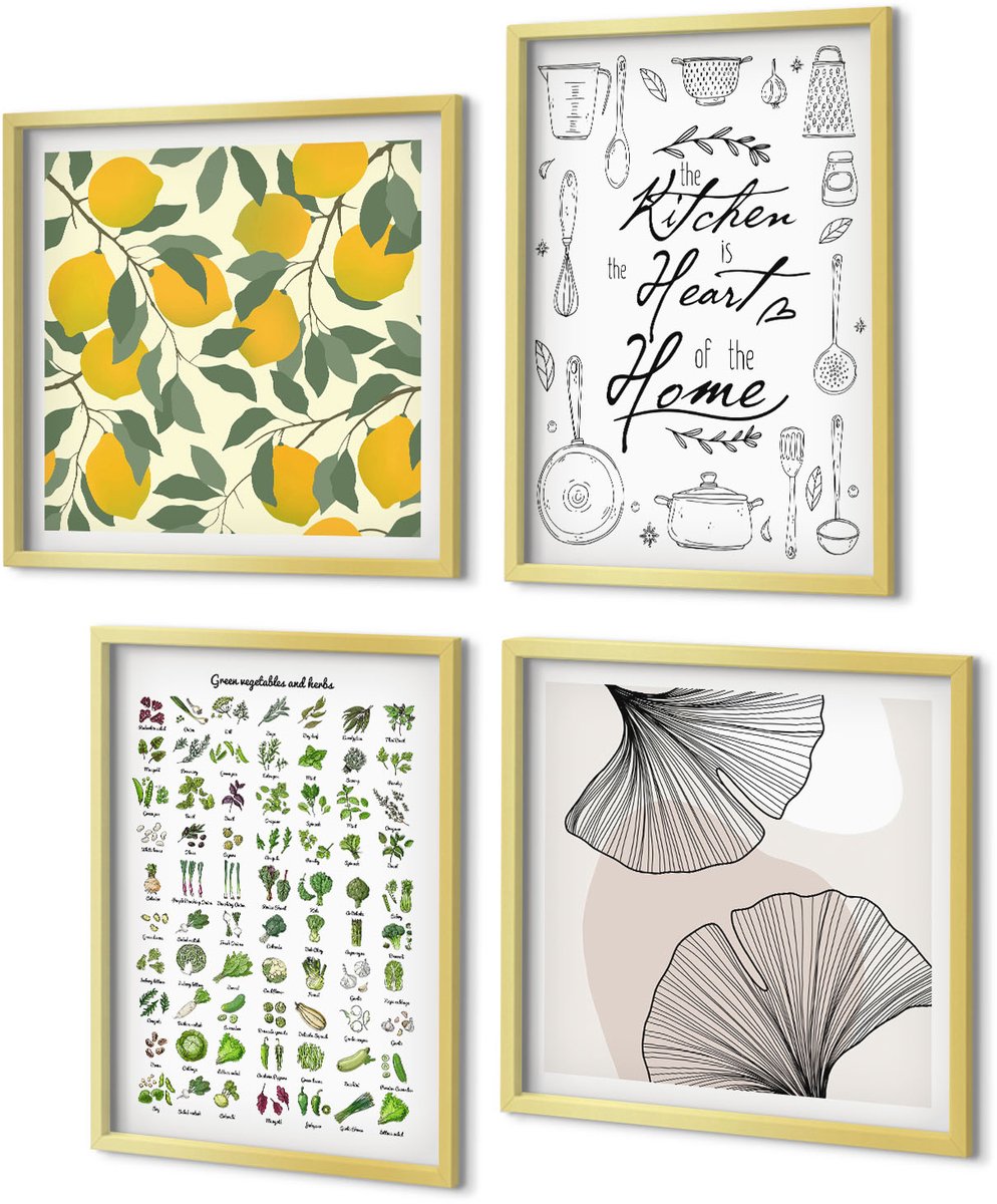 Coloray 4-Delige Schilderij Set - Lijst met keukenkruiden, belettering en beschilderde citroenen - 40 x 40 cm en 40 x 60 cm - Wanddecoratie - Muurdecoratie - Moderne Interieurdecoratie - Stijlvolle Muurdecoratie