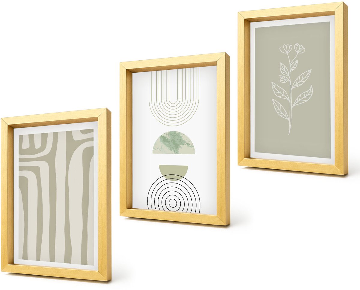 Coloray 4-Delige Schilderij Set - Geometrische patronen met plantenaccenten in groene tinten. - 20 x 30 cm - Wanddecoratie - Woonkamer Decoratie - Decoratieve Schilderijen
