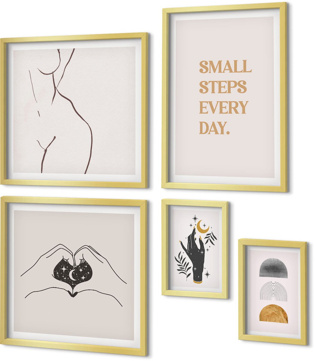 Coloray 5-Delige Schilderij Set - Motivatie En Positief Denken In Een Minimalistische Stijl - 50 x 50 cm, 20 x 30 cm En 40 x 60 cm - Stijlvolle Wanddecoratie - Interieur - Muurdecoratie
