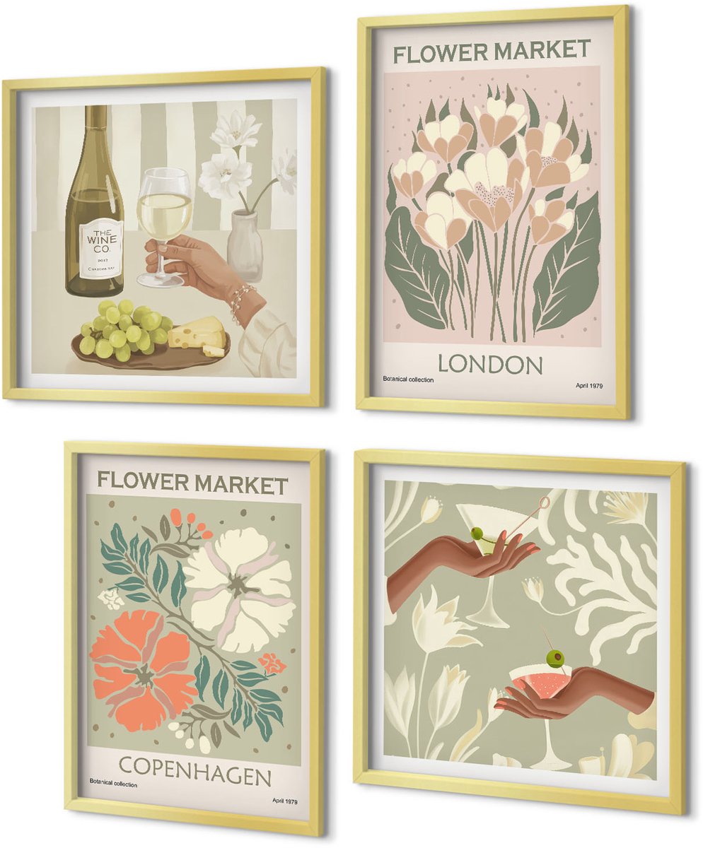 Coloray 4-Delige Schilderij Set - Bloemenposters Wijn Kopenhagen Londen - 40 x 40 cm en 40 x 60 cm - Moderne Wanddecoratie - Woonkamer
