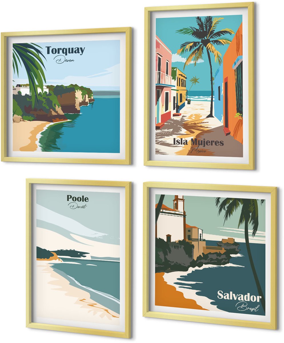 Coloray 4-Delige Schilderij Set - Tropische landschappen met stranden en palmbomen - 40 x 40 cm en 40 x 60 cm - Decoratieve Schilderijen - Wanddecoratie - Hal - Woonkamer Decoratie