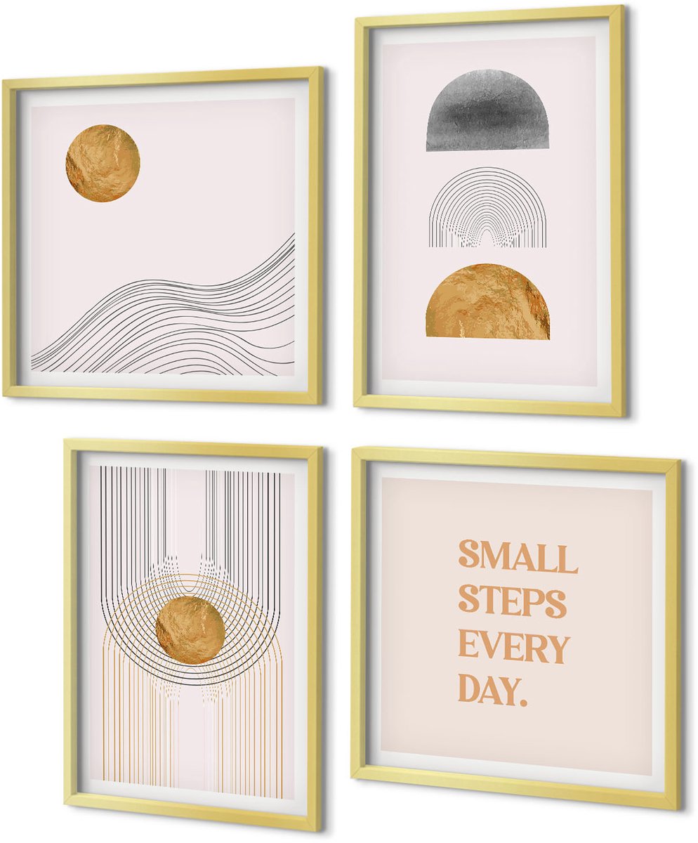 Coloray 4-Delige Schilderij Set - Abstracte geometrie, decoratieve vormen, belettering - 40 x 40 cm en 40 x 60 cm - Moderne Wanddecoratie - Slaapkamer - Interieur Decoratie