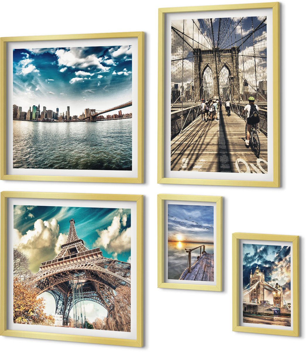 Coloray 5-Delige Schilderij Set - Stedelijke Landschappen Met Bruggen En Beroemde Gebouwen - 50 x 50 cm, 20 x 30 cm En 40 x 60 cm - Muurdecoratie - Schilderijen Set - Woonkamer - Woonkamer Decoratie
