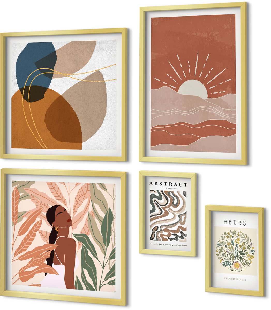 Coloray 5-Delige Schilderij Set - Boho-Stijl Met Plantmotieven En Abstracte Patronen. - 50 x 50 cm, 20 x 30 cm En 40 x 60 cm - Muurdecoratie - Wanddecoratie - Slaapkamer - Woonkamer Decoratie