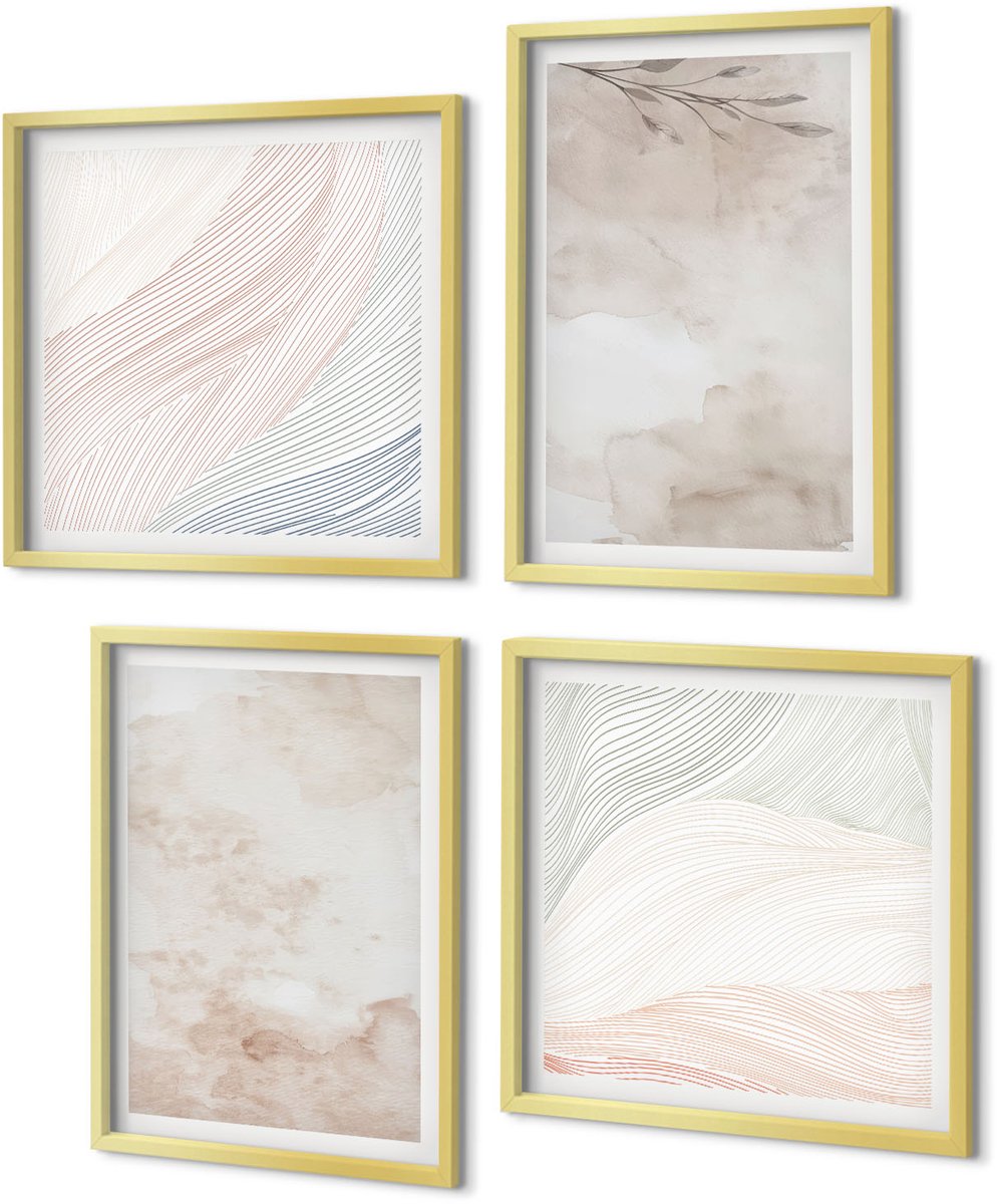 Coloray 4-Delige Schilderij Set - Aquarelvlekken en bladeren in pastelkleuren - 40 x 40 cm en 40 x 60 cm - Schilderijen Set - Wanddecoratie - Woonkamer - Stijlvolle Muurdecoratie