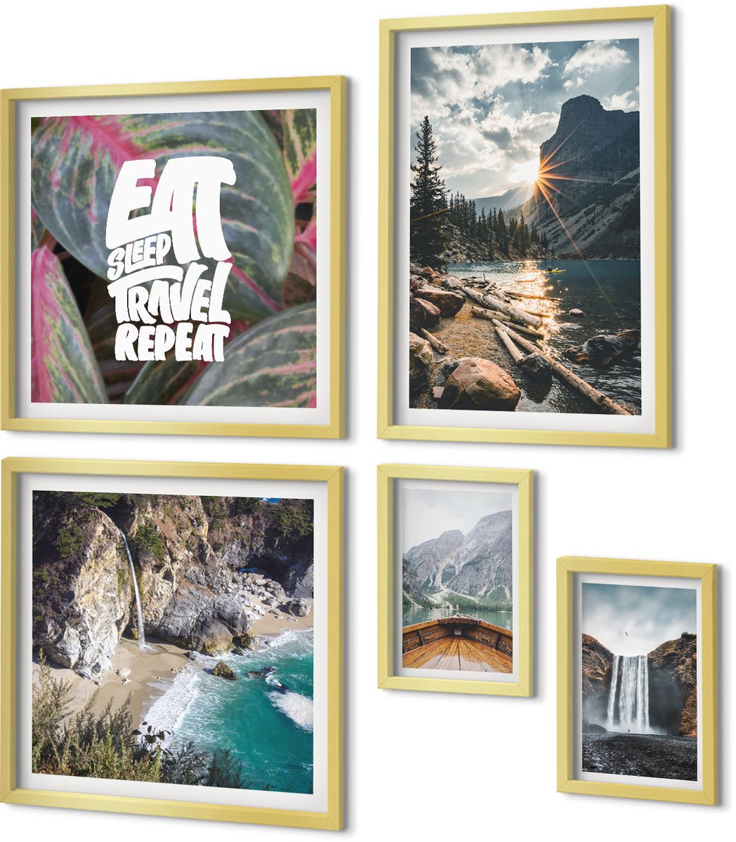 Coloray 5-Delige Schilderij Set - Natuurlandschappen Met Watervallen En Uitzicht Op De Bergen - 50 x 50 cm, 20 x 30 cm En 40 x 60 cm - Wanddecoratie - Moderne Interieurdecoratie - Moderne Wanddecoratie