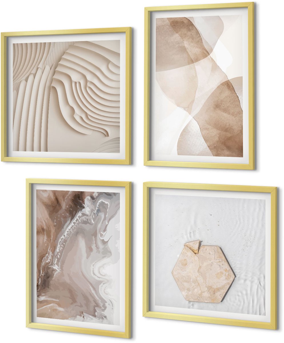 Coloray 4-Delige Schilderij Set - Abstracte vormen, geschilderde structuren in pastelkleuren. - 40 x 40 cm en 40 x 60 cm - Muurdecoratie - Schilderijen Set - Woonkamer - Wanddecoratie