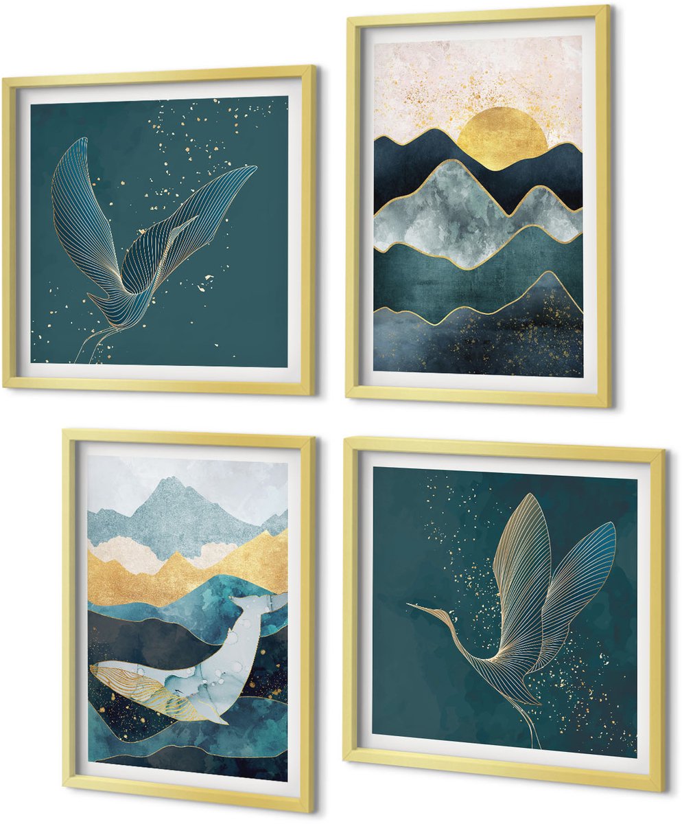 Coloray 4-Delige Schilderij Set - Abstracte berglandschappen, vliegende kraanvogels - 40 x 40 cm en 40 x 60 cm - Muurdecoratie - Schilderijen Set - Woonkamer - Wanddecoratie