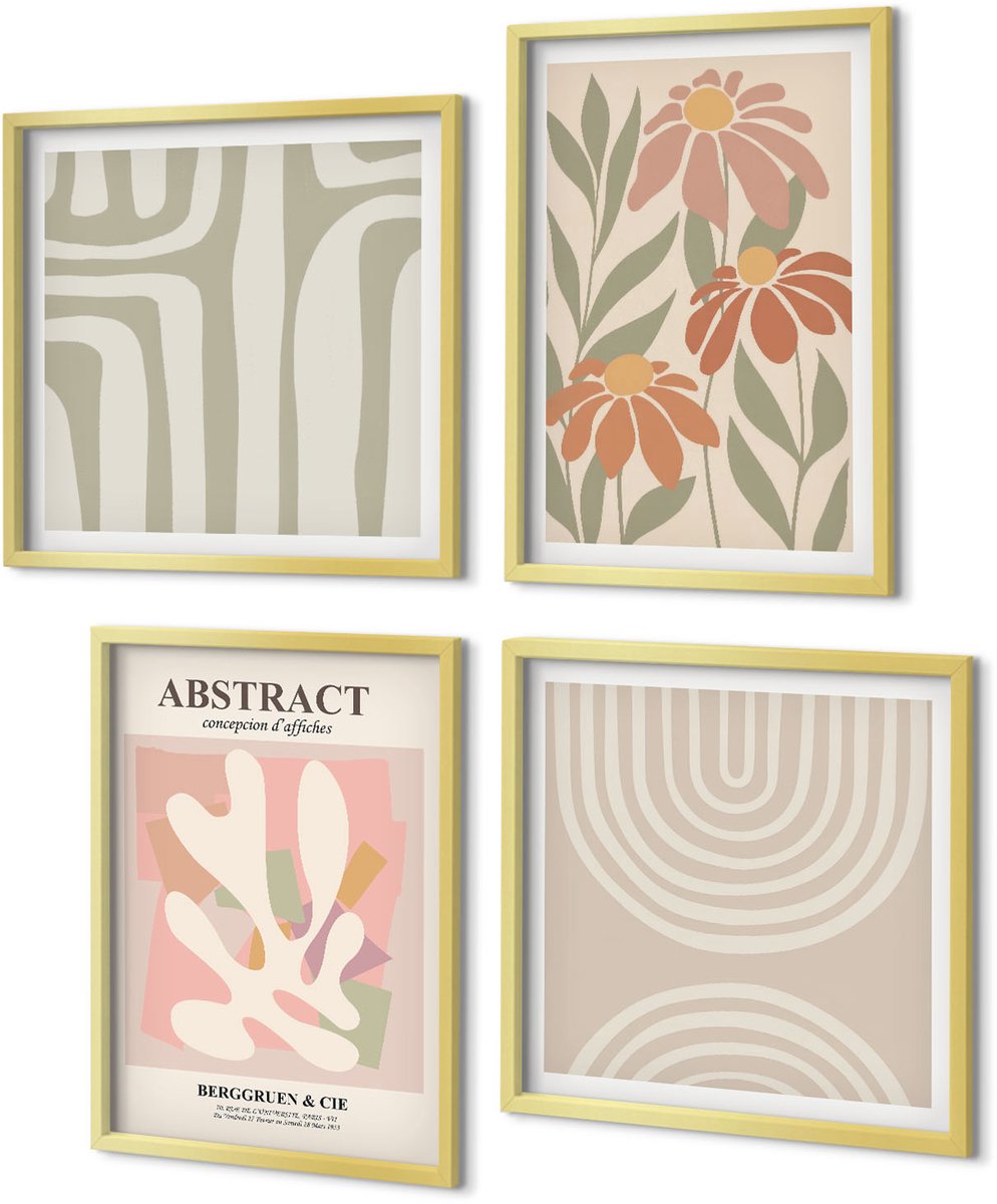 Coloray 4-Delige Schilderij Set - Abstracte vormen met plantmotieven in pastelkleuren. - 40 x 40 cm en 40 x 60 cm - Decoratieve Schilderijen - Woonkamer - Interieur - Woonkamer Decoratie