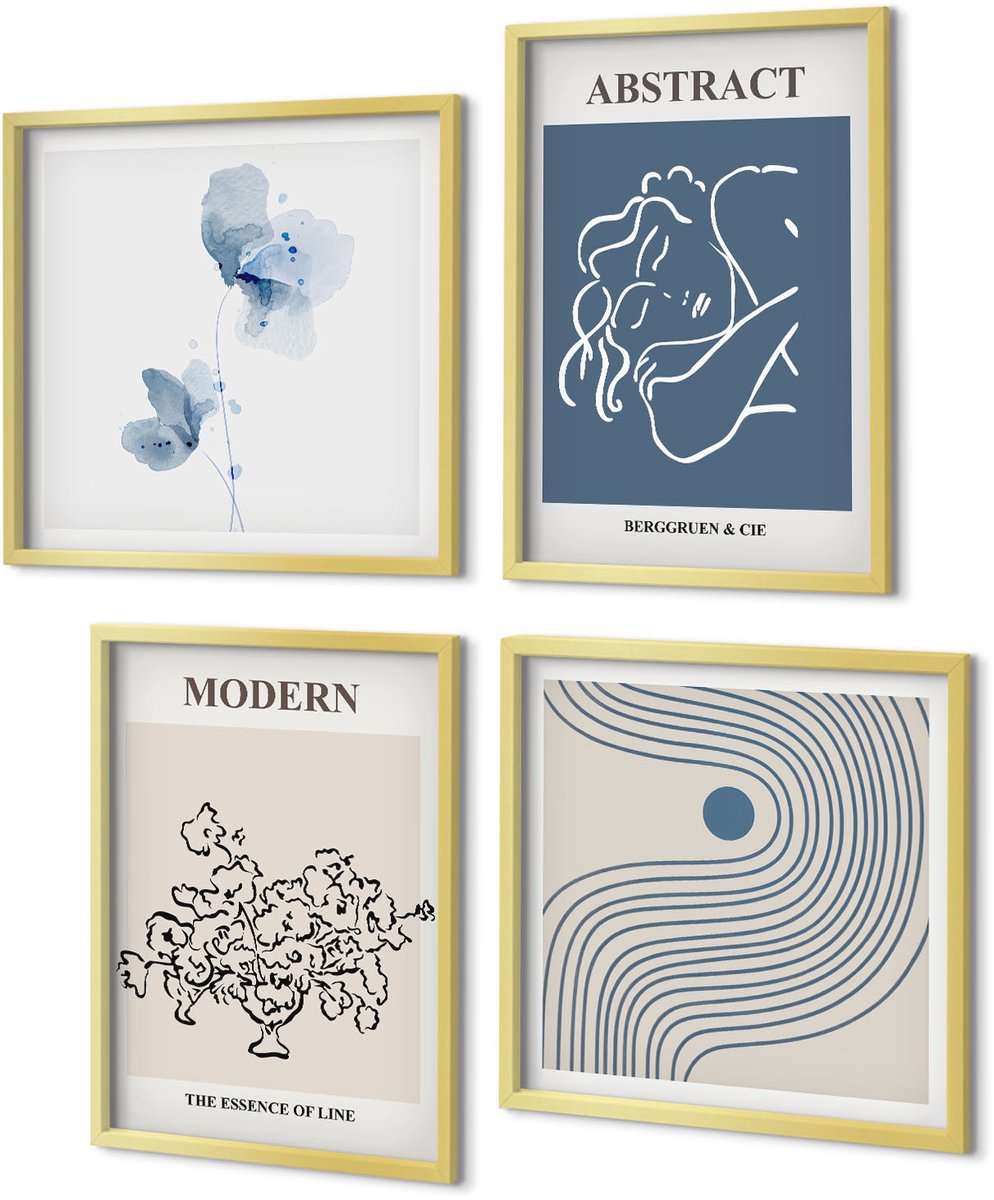 Coloray 4-Delige Schilderij Set - Posters met bloemen, lijnen en abstracte vormen - 40 x 40 cm en 40 x 60 cm - Moderne Wanddecoratie - Slaapkamer - Interieur Decoratie