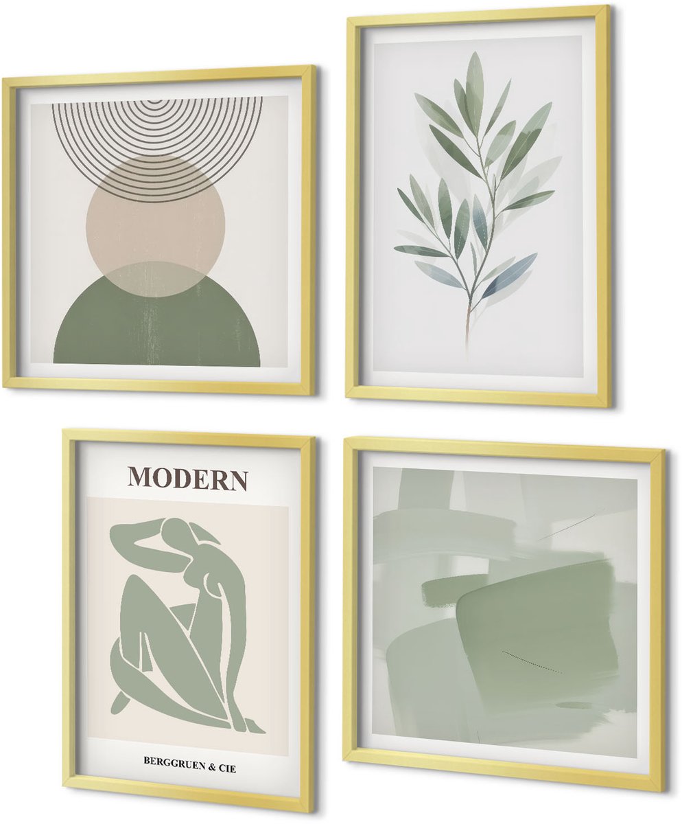 Coloray 4-Delige Schilderij Set - Stijlvolle afbeeldingen met abstracte vormen en planten. - 40 x 40 cm en 40 x 60 cm - Moderne Wanddecoratie - Woonkamer - Stijlvolle Muurdecoratie
