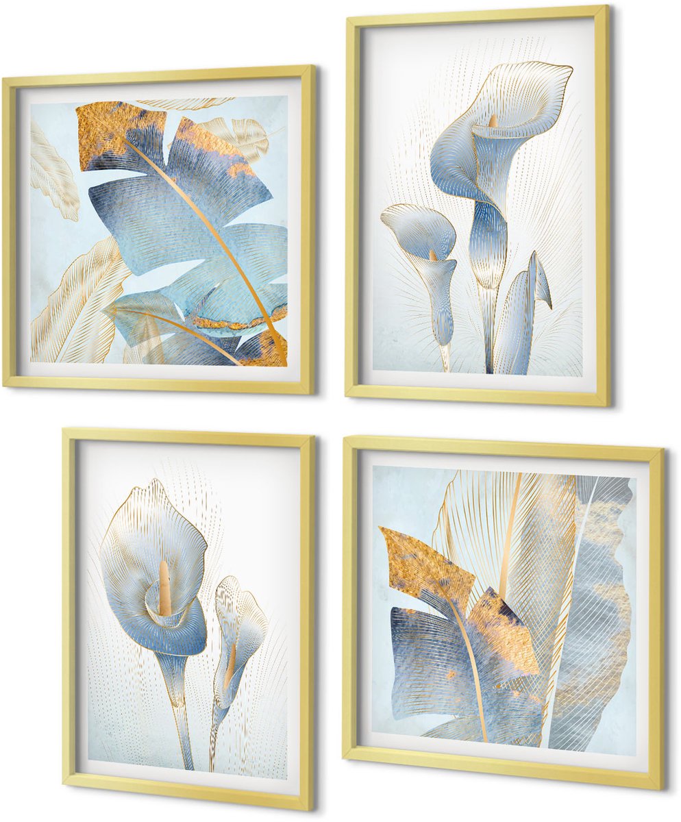 Coloray 4-Delige Schilderij Set - Fijne blauwe bloemen en bladeren op een lichte achtergrond. - 40 x 40 cm en 40 x 60 cm - Stijlvolle Muurdecoratie - Slaapkamer