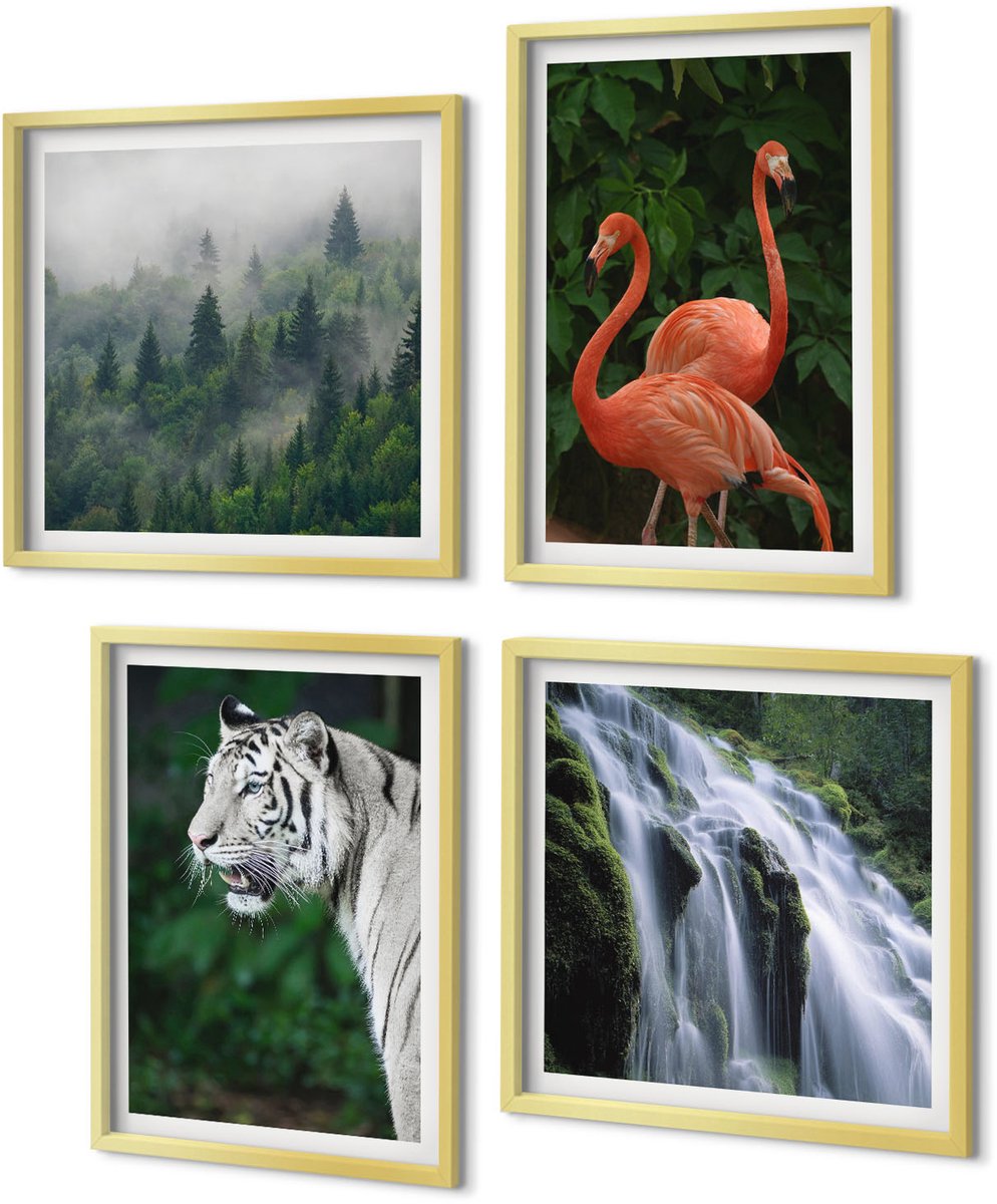 Coloray 4-Delige Schilderij Set - Tijgerwaterval en roze flamingo's in de natuur - 40 x 40 cm en 40 x 60 cm - Wanddecoratie - Schilderijen Set - Interieur - Woonkamer Decoratie