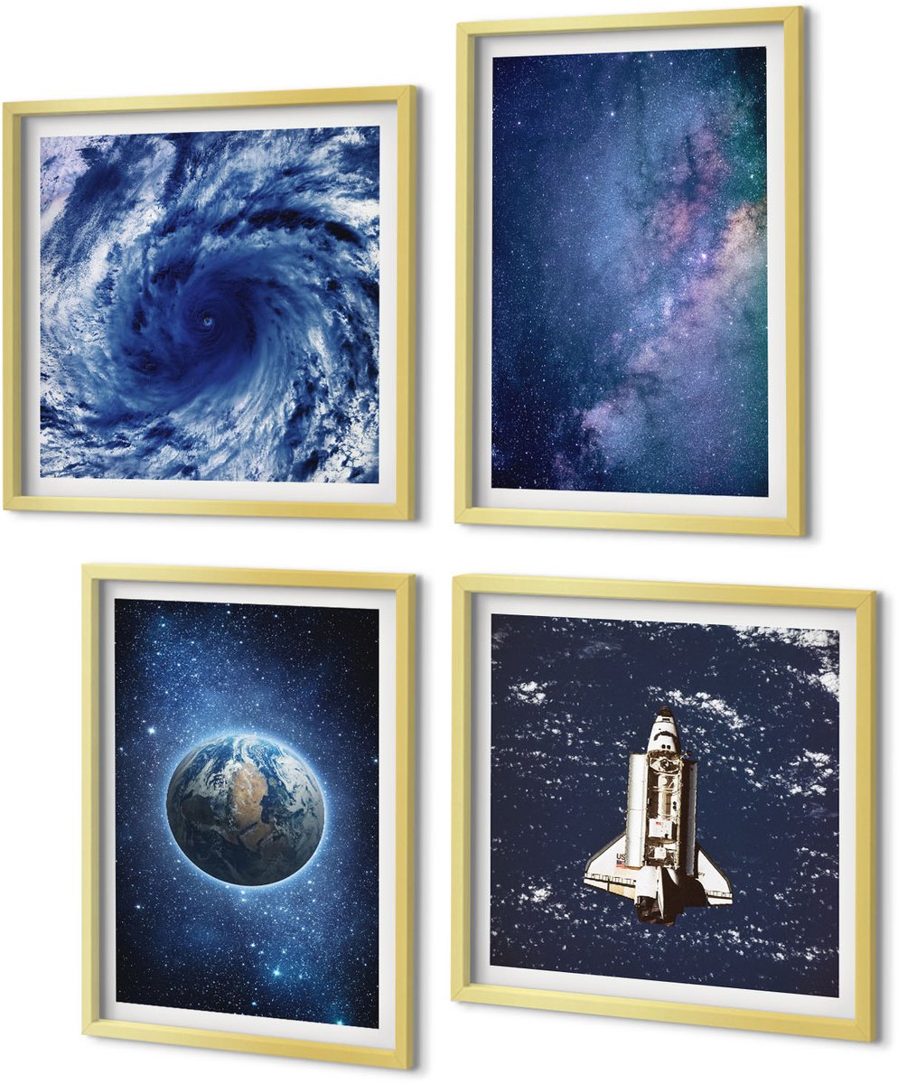 Coloray 4-Delige Schilderij Set - Aarde in een ruimtestorm en sterrenstelsel - 40 x 40 cm en 40 x 60 cm - Wanddecoratie - Schilderijen Set - Interieur - Moderne Wanddecoratie