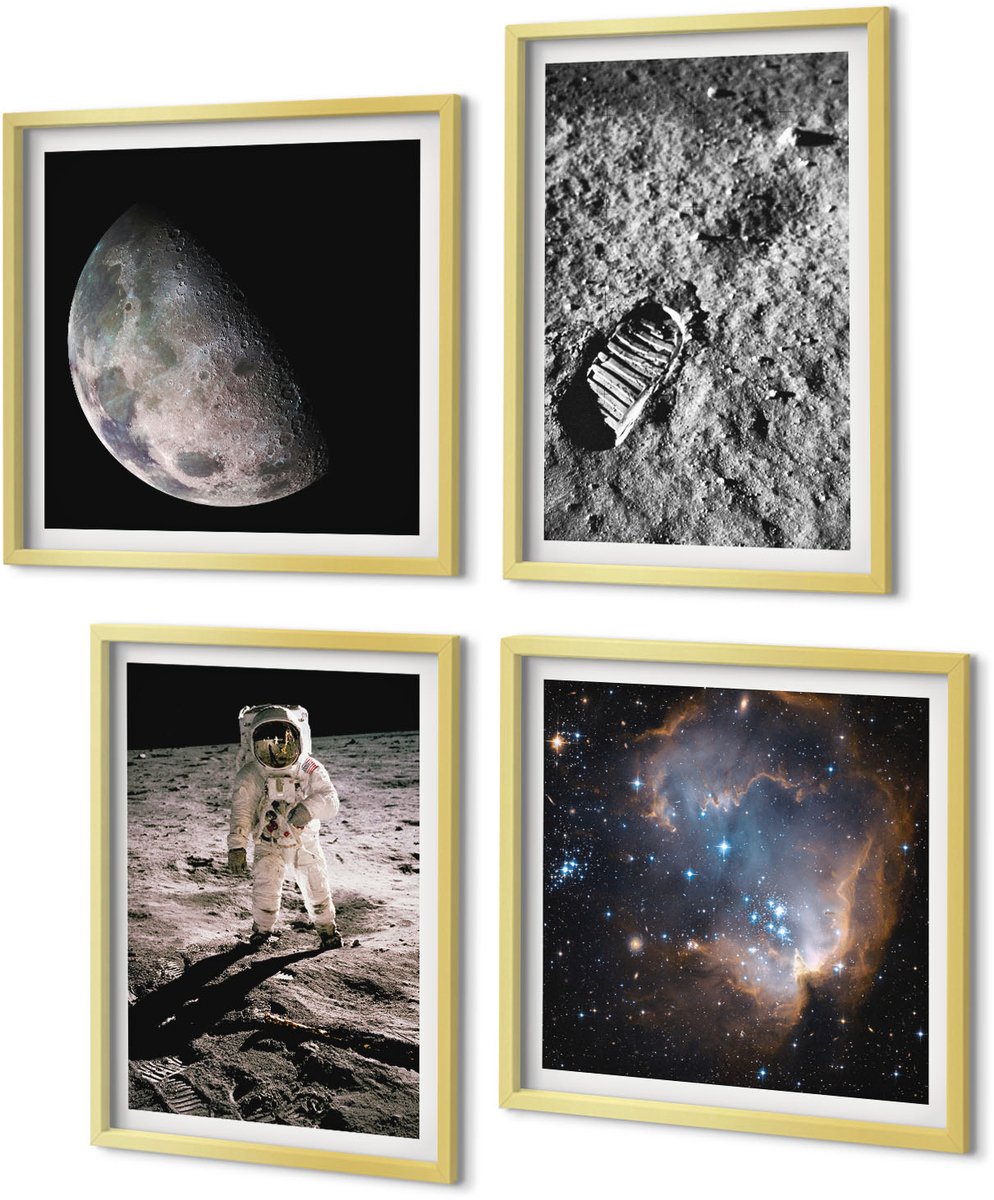 Coloray 4-Delige Schilderij Set - Foto's van astronautenvoetafdrukken op de maan - 40 x 40 cm en 40 x 60 cm - Moderne Wanddecoratie - Slaapkamer - Decoratieve Schilderijen
