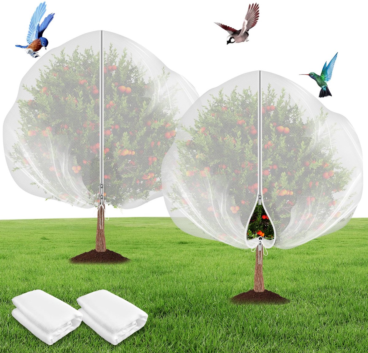 Tuinbeschermingsnet, 2 stuks, met trekkoord en ritssluiting, fijnmazig ter bescherming van fruitbomen, 2,4 m x 2,4 m - ShopVlot