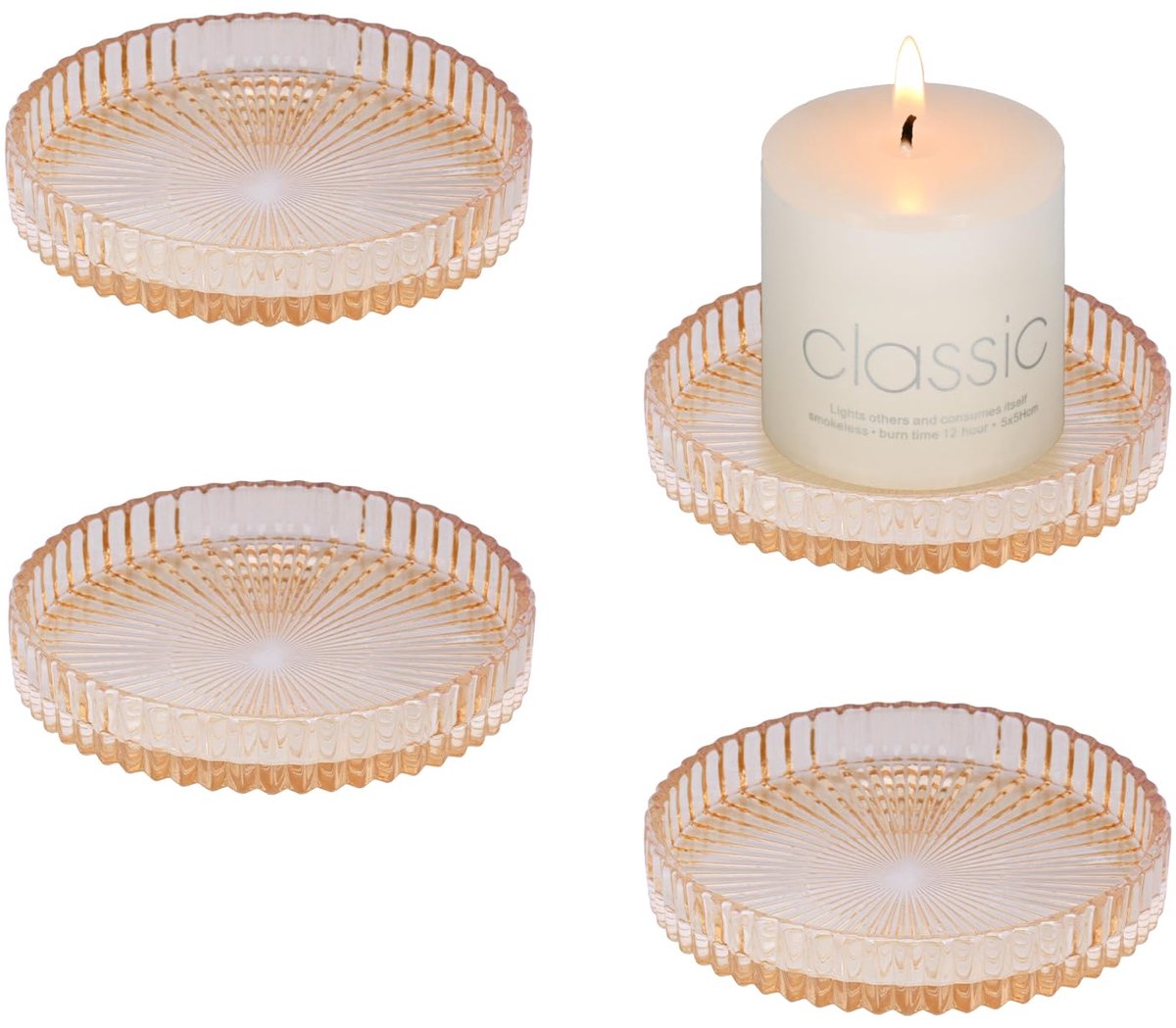 Famanu Set van 4 glazen kaarsenplaten voor stompkaarsen van 9 cm, ronde pilaar kaarsenhouders, transparante kaarsenschaal voor feestdecoratie en geschenken (Amber