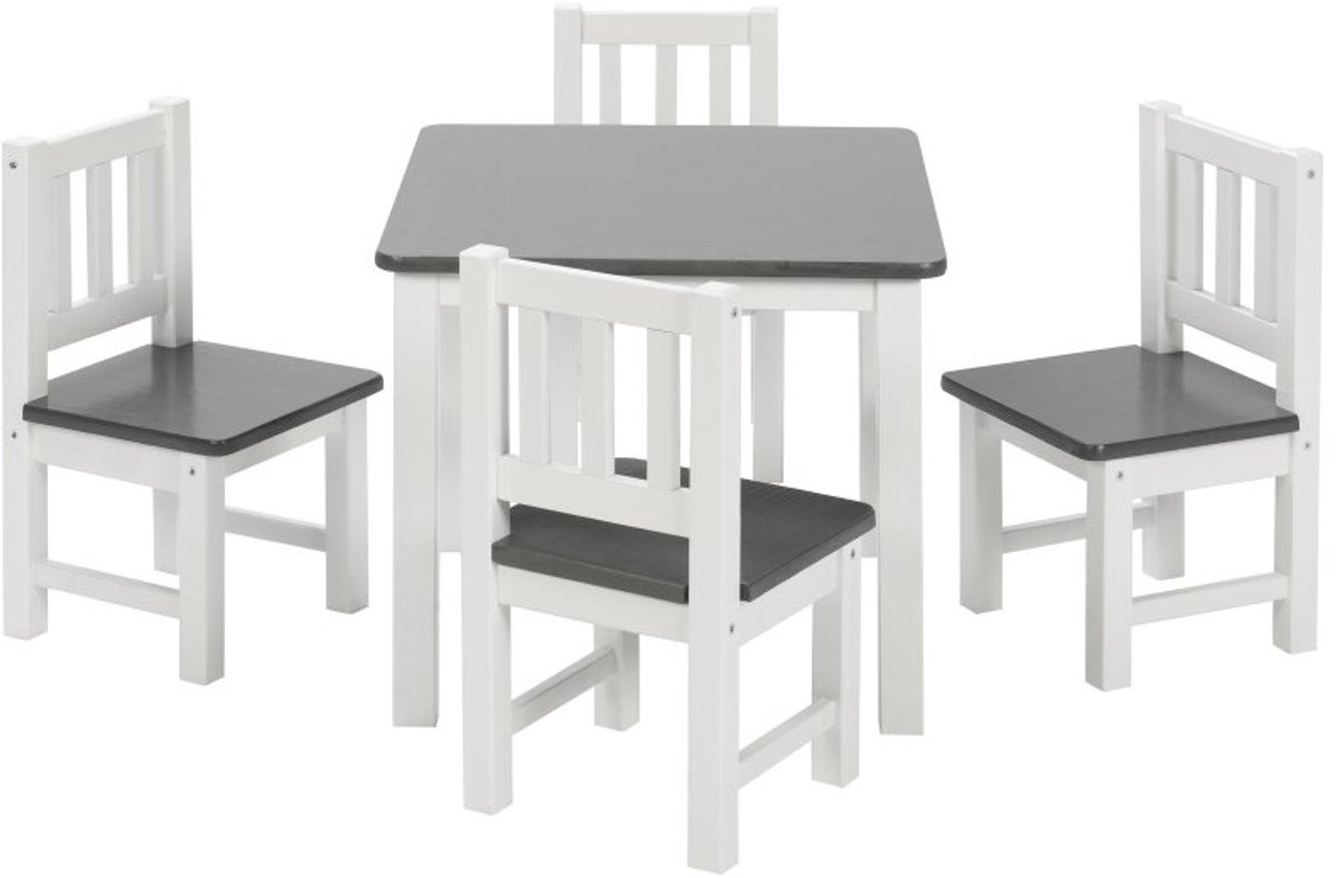 Bomi Amy Kindertafel met 4 Stoeltjes Hout FSC Grijs Wit - Massief Grenenhout - Kindertafel en Stoeltjes - Speeltafel - Tekentafel - 3 t/m 6 Jaar
