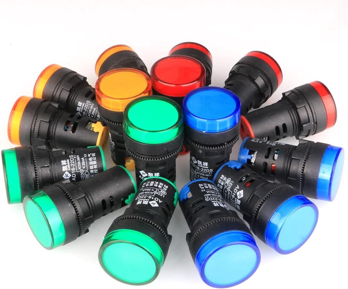 GUUZI 16pcs Indicator Light Red/Yellow/Blue/Green 22mm LED Pilot Panel AC 220V-380V 20mA Indicator Signal Lamp (Each - ShopVlot