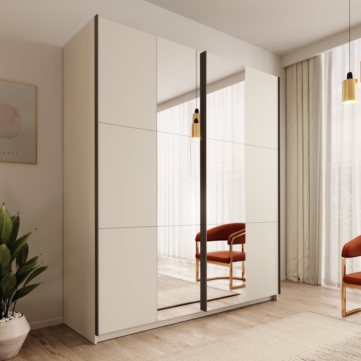 Meubella - Nuvola - Kledingkast met spiegel - Beige - 181x56x206 cm