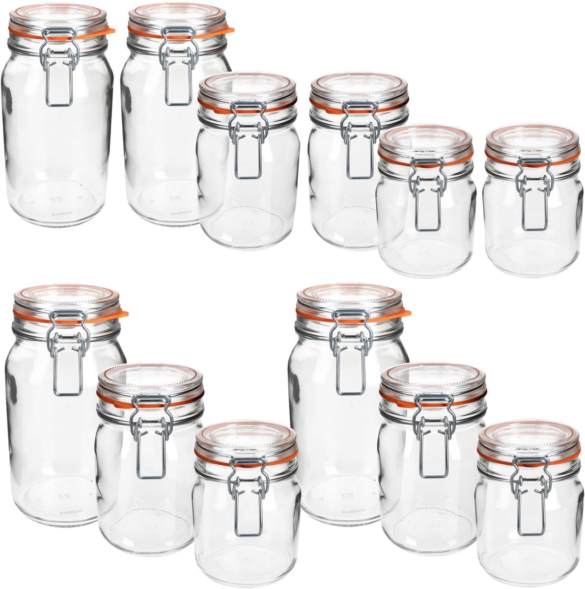 Set van 12 weckpotten met beugelsluiting, elk 4 x 1,5 l, 1 l en 0,75 l, voorraadpotten met beugelsluiting en afdichtring, luchtdicht, om in te maken