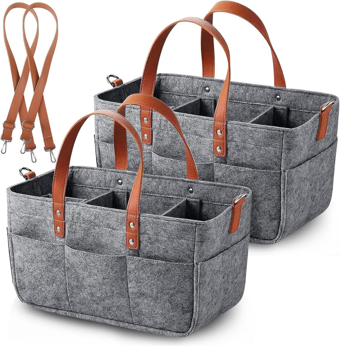 2 Stuks Vilten Tassen, Opvouwbare Draagtas, Boodschappentas met Vakken, Tas vilt voor Speelgoed, voor Winkelen, Uitgaan, Opbergen - Donkergrijs, 38 x 23 x 18 cm