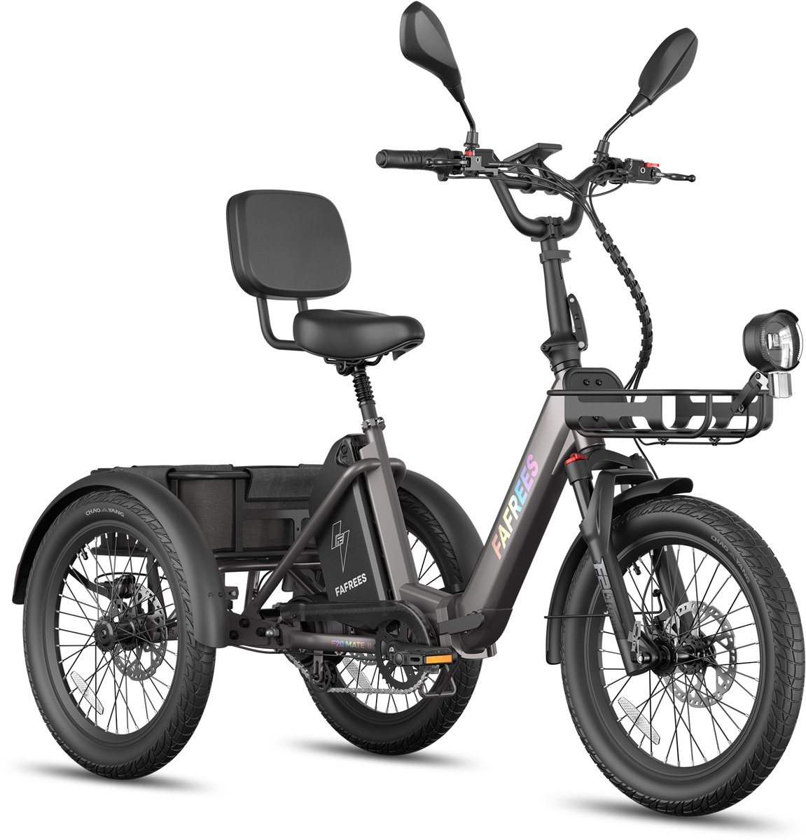 Fafrees Elektrische Driewieler - 20 Inch 48V 21Ah Accu - Dik Klapfiets E-Bakfiets - Elektrische Fiets - Elektrische Vrachtsfiets 180kg - 85km Bereik - Grote groentemanden aan de voor- en achterkant - Koppelsensor - Max 180kg Belasting – Zwart