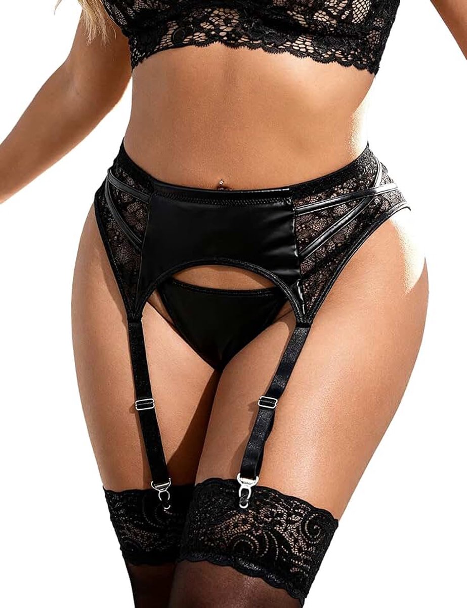 Ohyeahlady Grote maten kousenhouder dames curvy kunstleer kousenband voor sokken met 4 verstelbare clips hoge taille tuin riem patroon lingerie kant ondergoed elegant