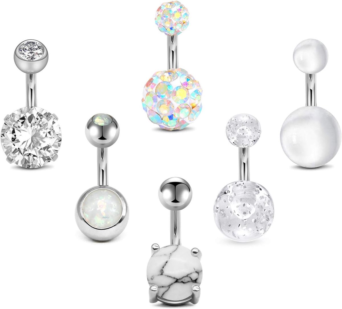 Navelpiercing, roestvrij staal, buikringen, 10 mm, 14 G, barbell, zirkonia, edelsteen, sieradenhouder
