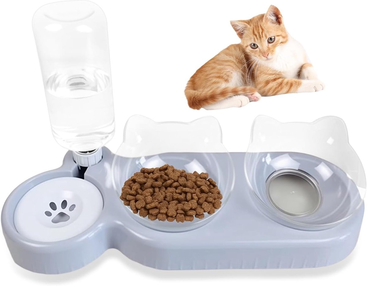 3-in-1 kattenbak, kattenvoerbak en waterbakset, verhoogde kattenbakset, kattenvoer, voerbak met waterfles, kattenbakken voor kleine en middelgrote katten honden (grijs)