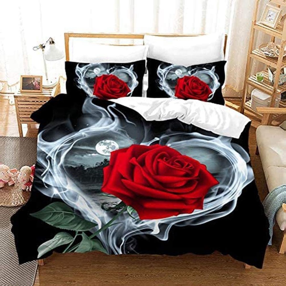 Dekbedovertrekset 3D rozen - rode roos - beddengoedset 200 x 200 cm - creatief design voor meisjes - ShopVlot