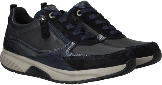 Donkerblauwe Gabor Rollingsoft sneakers met veters, rits en beige zool.