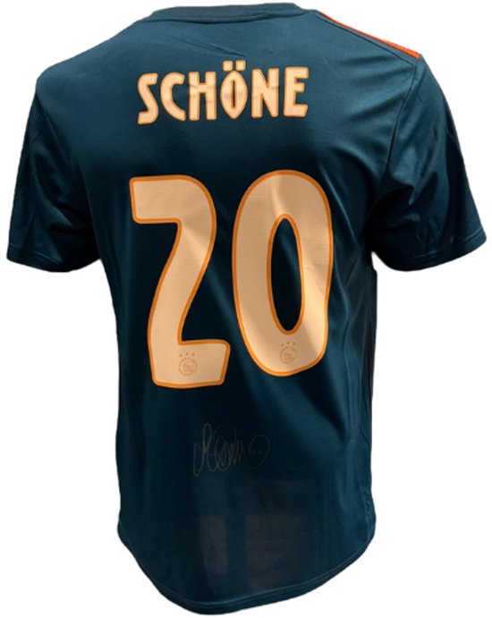 Achterkant donkerblauw Ajax shirt met 'SCHÖNE 20' en handtekening.