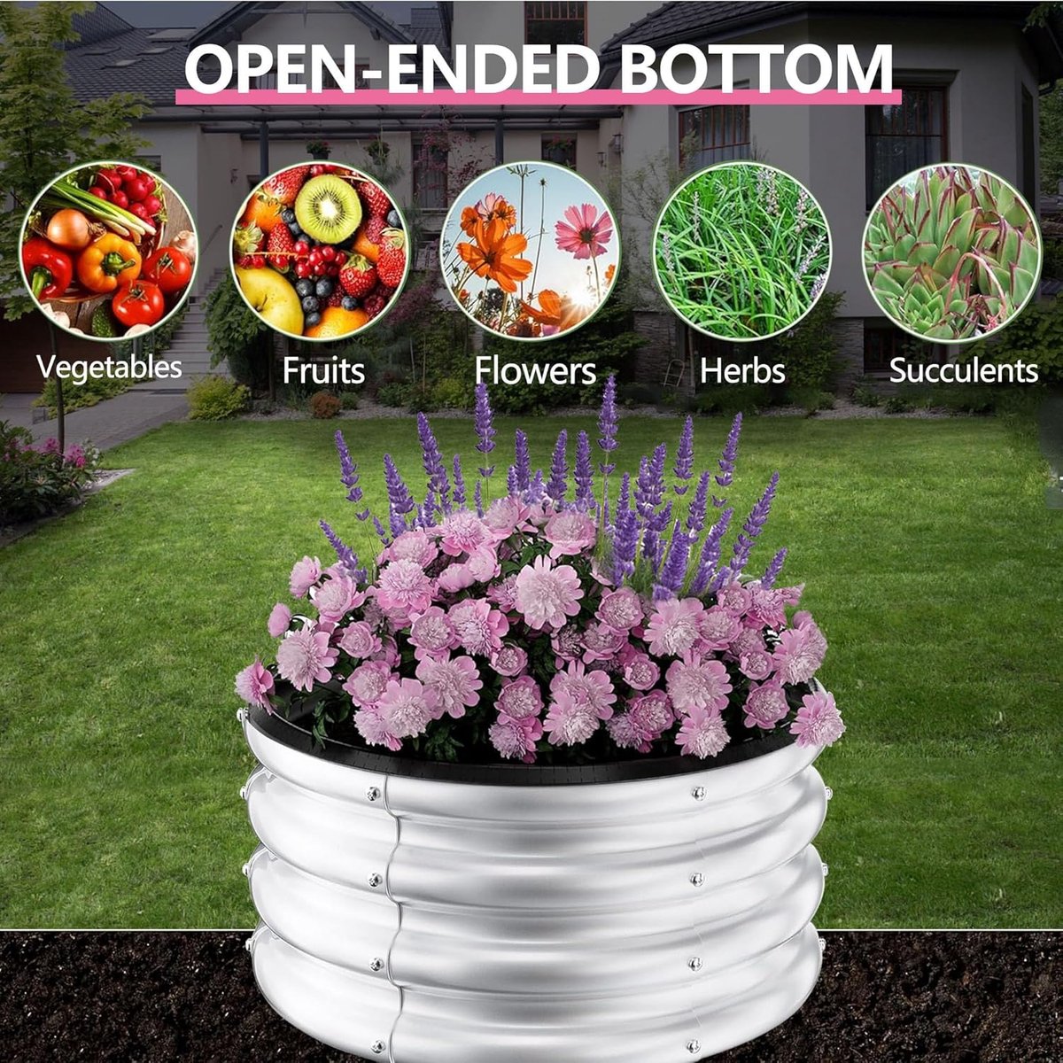 Hoge plantenbak op poten, ronde verhoogde moestuinbak van gegalvaniseerd staal, 60x60x28 cm, zwart/naturel, plantenbak voor buiten, verhoogde tuinbak voor bloemen en kruiden