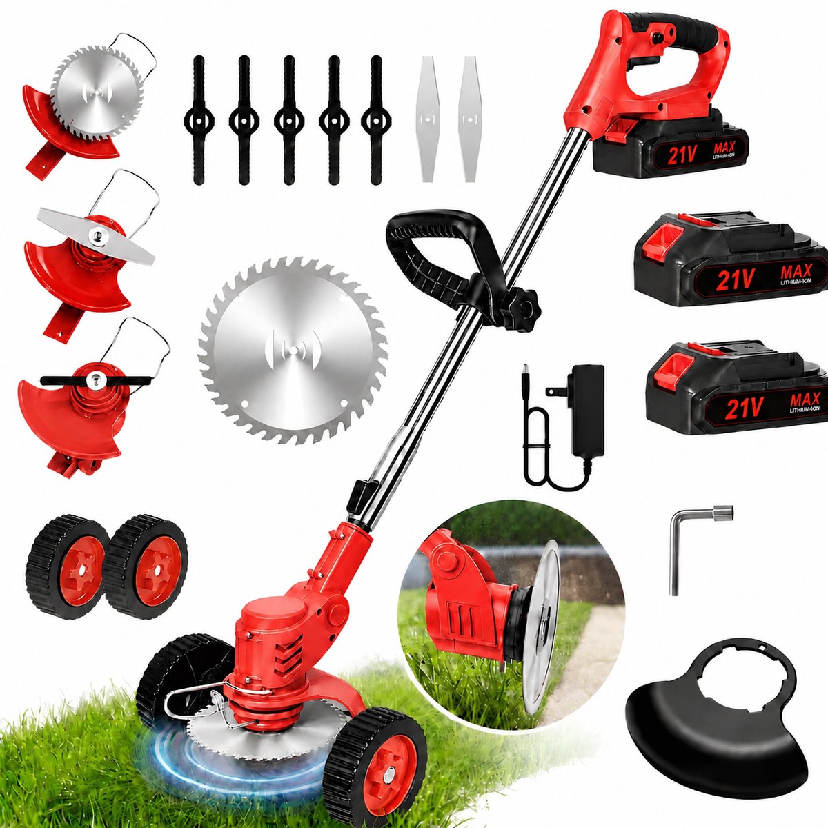 Traumheim®Accu-Grasmaaier 21V met 2 accu's en oplader – Grastrimmer – Bosmaaier – Freischneider & Motorsense met telescopische steel + extra handgreep - met wielen - rood